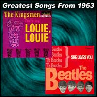 record cover art for Louie Louie by Kingsmen and She Loves You by the Beatles