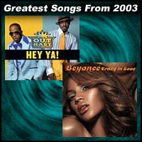 record covers for Hey Ya! by Outkast and Crazy In Love by Beyoncé and Jay-Z