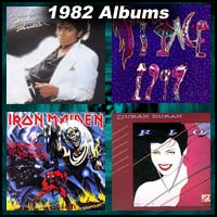 1982 record album covers for Thriller, 1999, The Number Of The Beast, and Rio