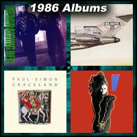 1986 record album covers for Raising Hell, Licensed To Ill, Graceland, and Control