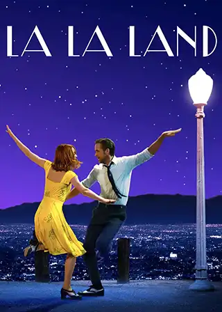 Two people dancing near streetlamp in poster for the 2016 movie La La Land