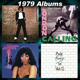 1979 record album covers for Off The Wall, London Calling, Bad Girls, and The Wall