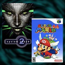 Images from the video games System Shock 2 and Super Mario 64