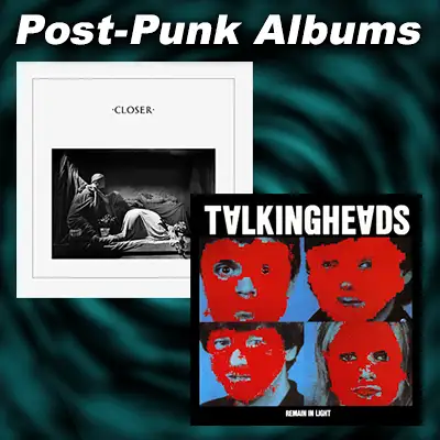 album covers for Closer by Joy Division and Remain in Light by Talking Heads