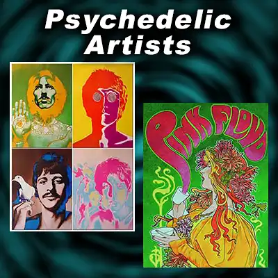Psychedelic Artists title image with Pink Floyd and Beatles posters
