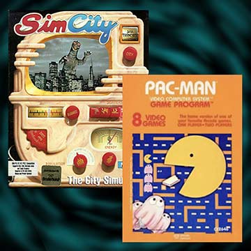 Images from the video games SimCity and Pac-Man