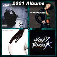 2001 record album covers for The Blueprint, Is This It, Songs In A Minor, and Discovery