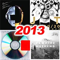 2013 record album covers for Random Access Memories, The 20/20 Experience, Yeezus, and Modern Vampires of the City