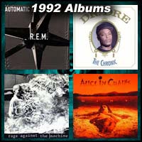 1992 record album covers for Automatic for the People, The Chronic, Rage Against the Machine, and Dirt