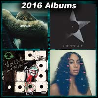 2016 record album covers for Lemonade, Blackstar, We Got It From Here...Thank You 4 Your Service, and A Seat at the Table